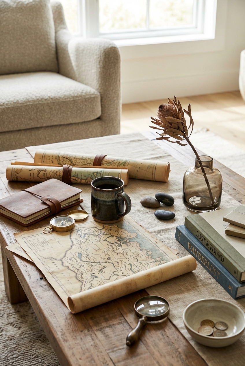 Darecations Coffee Table Styling: Maps, textures, and curated objects