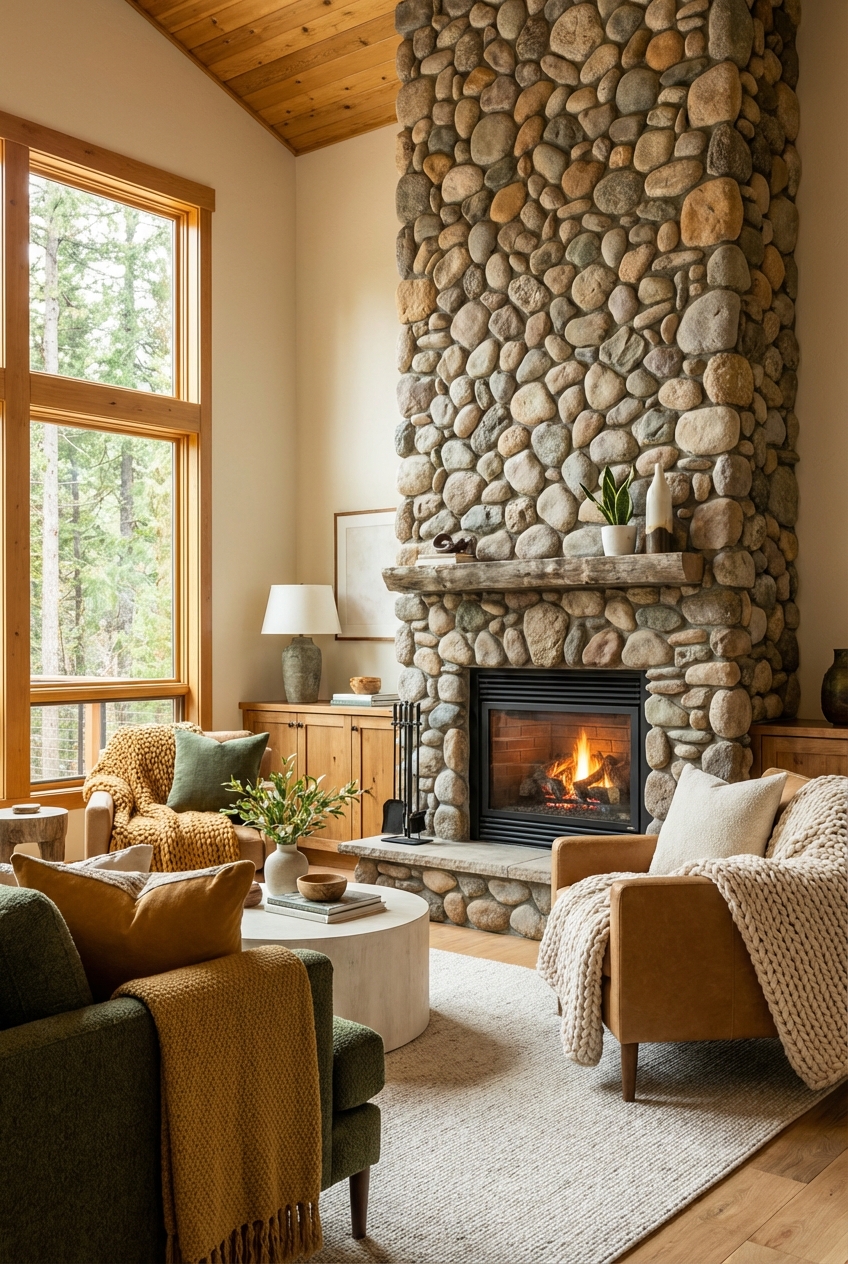 Cozy up with River Rock Fireplace Ideas