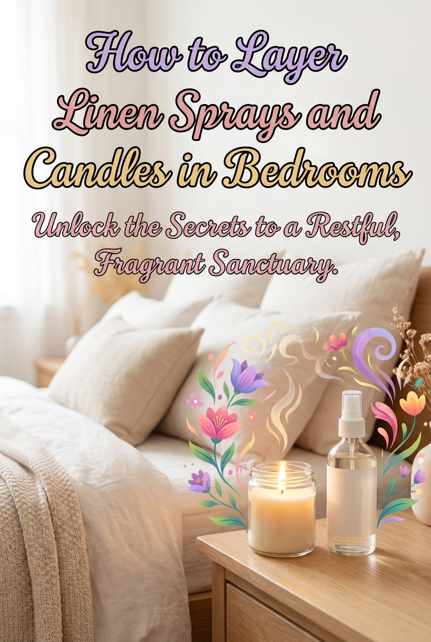 Linen spray bottle and bedding in a bedroom, showing how scent is layered on the bed