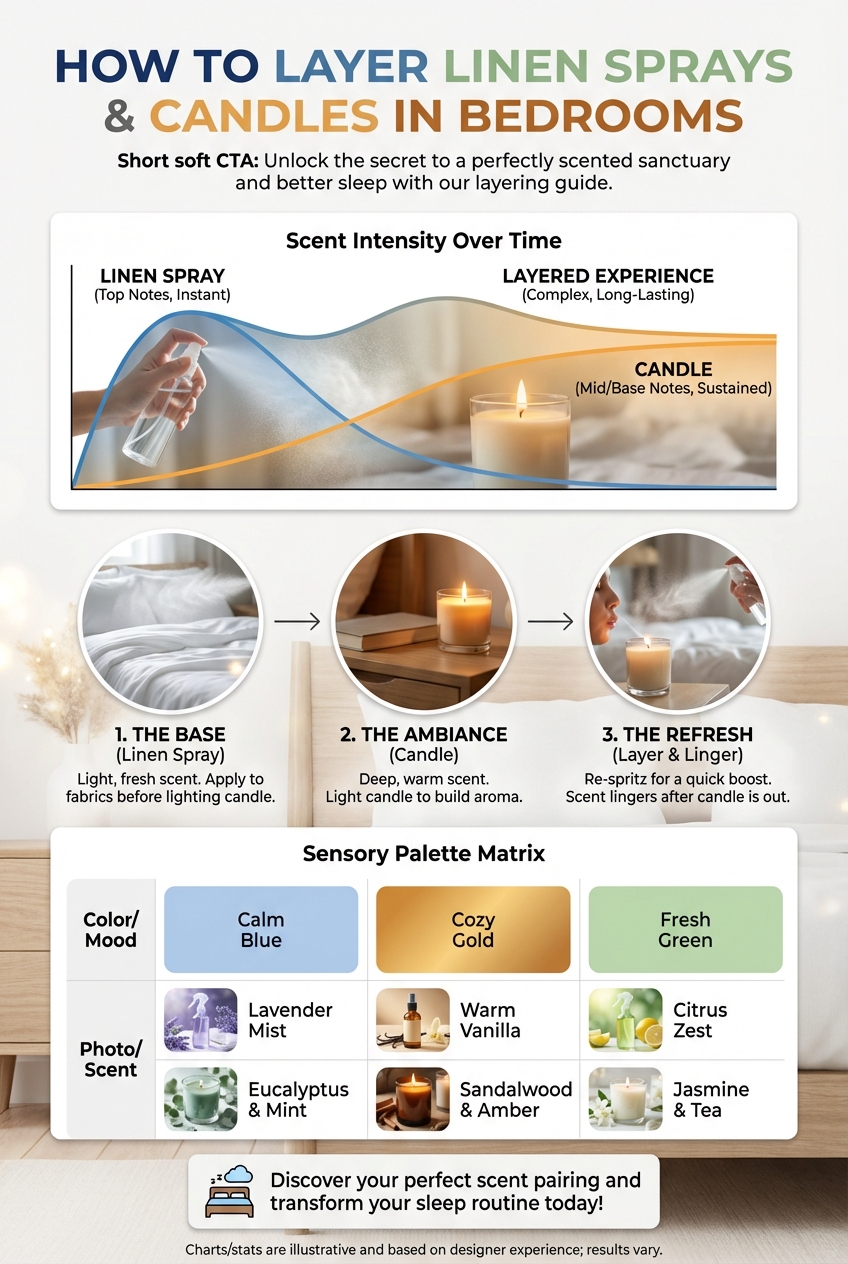 Scented candle placed on a bedroom dresser or nightstand in a cozy bedroom setting