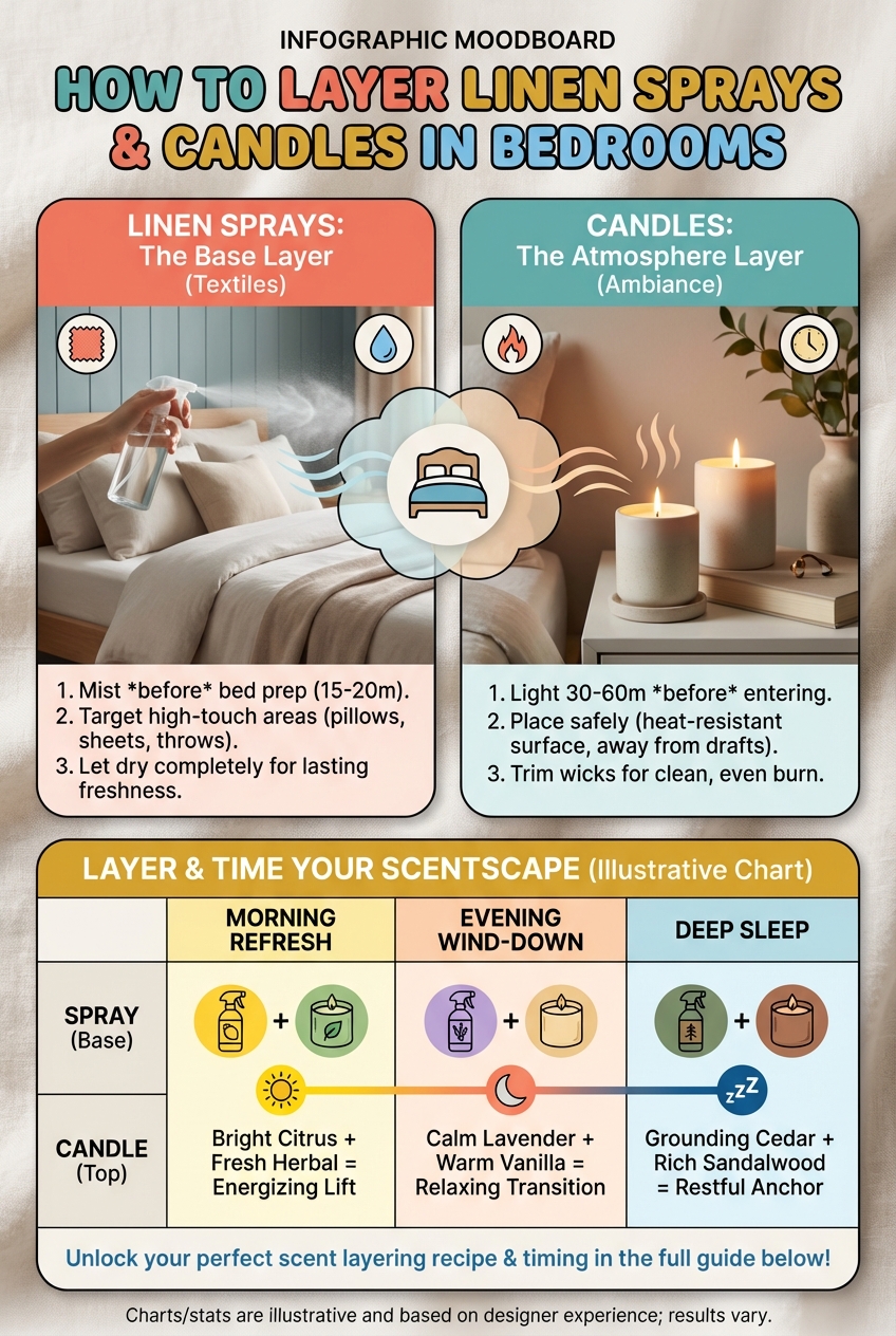 Candle and linen spray arranged in a pet-friendly bedroom with safe placement