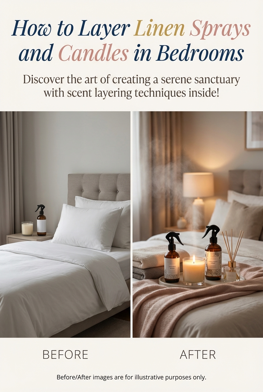 Tray styling of candle and linen spray as bedroom decor on a dresser surface