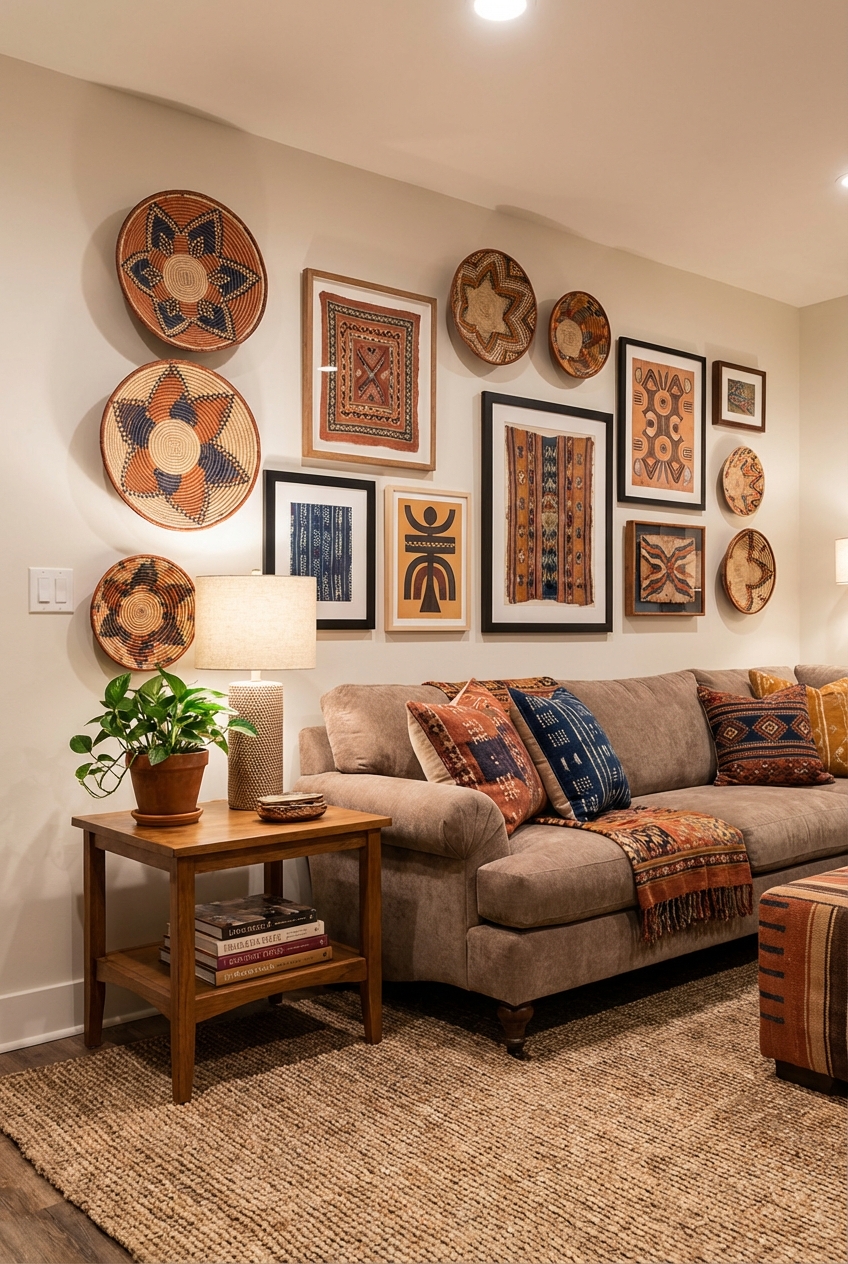 Afrohemian Basement Lounge Wall Art Ideas: Woven Baskets, Textiles, and Prints