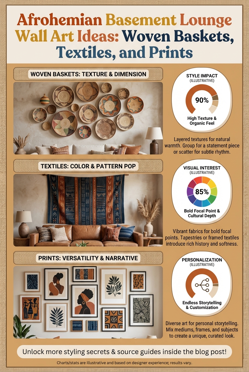 Afrohemian Basement Lounge Wall Art Ideas: Woven Baskets, Textiles, and Prints - photo 3