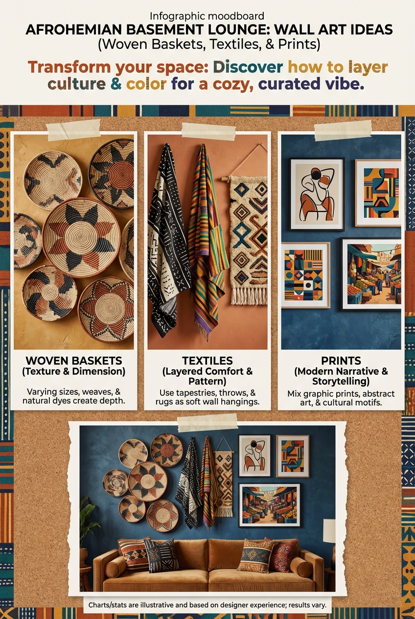 Afrohemian Basement Lounge Wall Art Ideas: Woven Baskets, Textiles, and Prints - photo 4