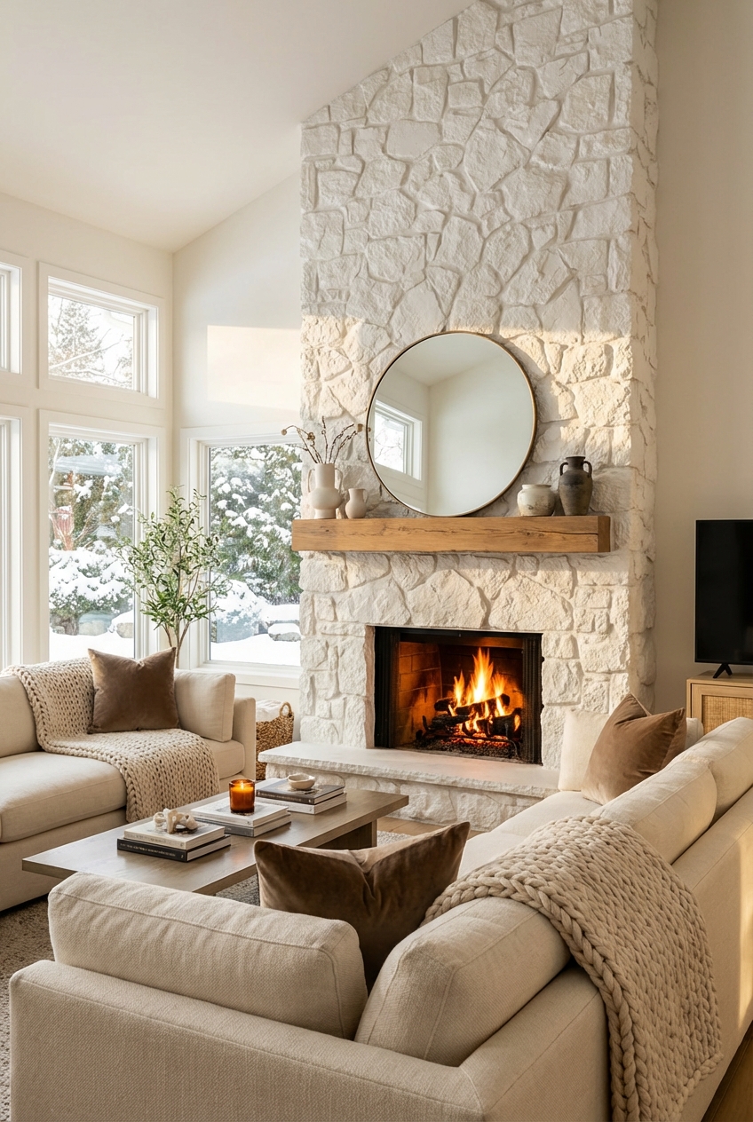 Chic White Stone Fireplace Ideas for Cozy Homes