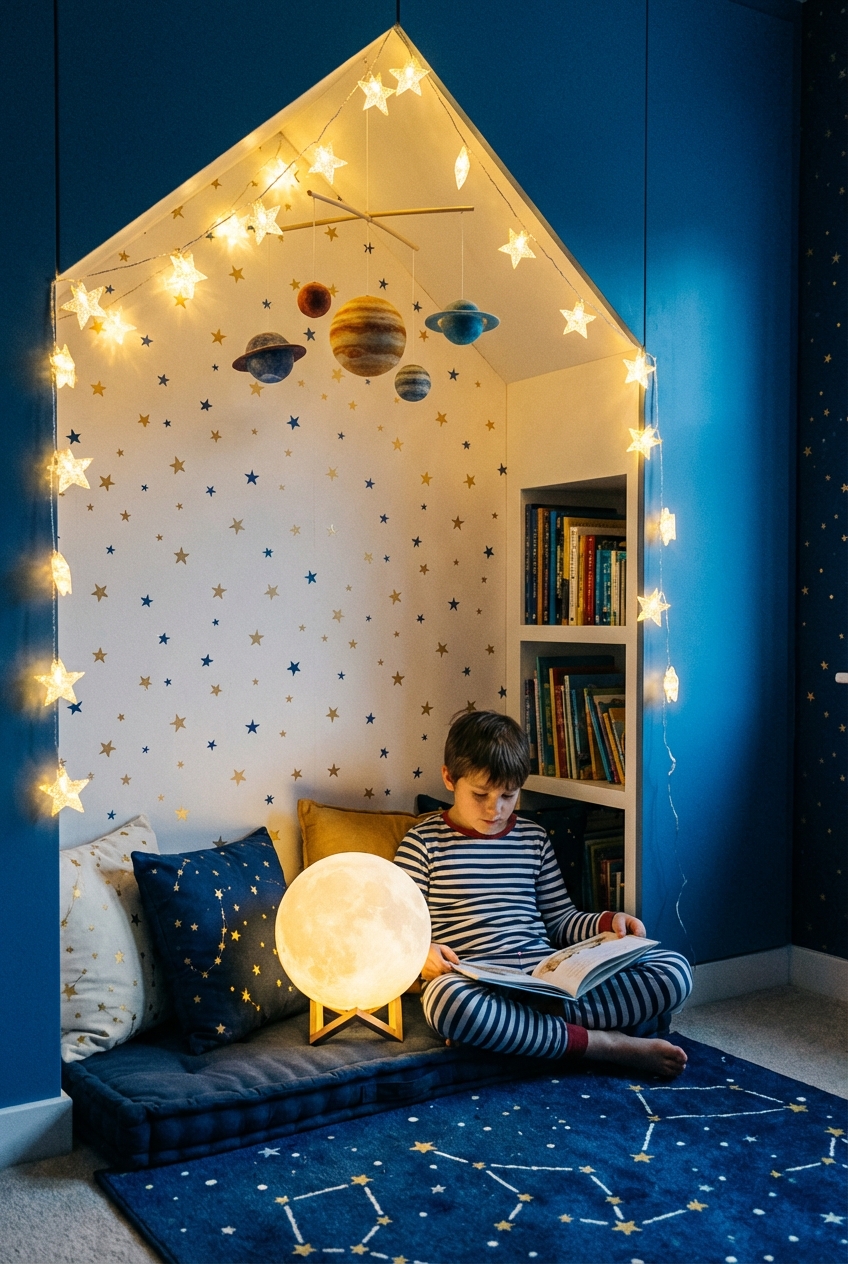 Celestial Reading Nook Ideas for Kids: Soft Lighting + Star Details