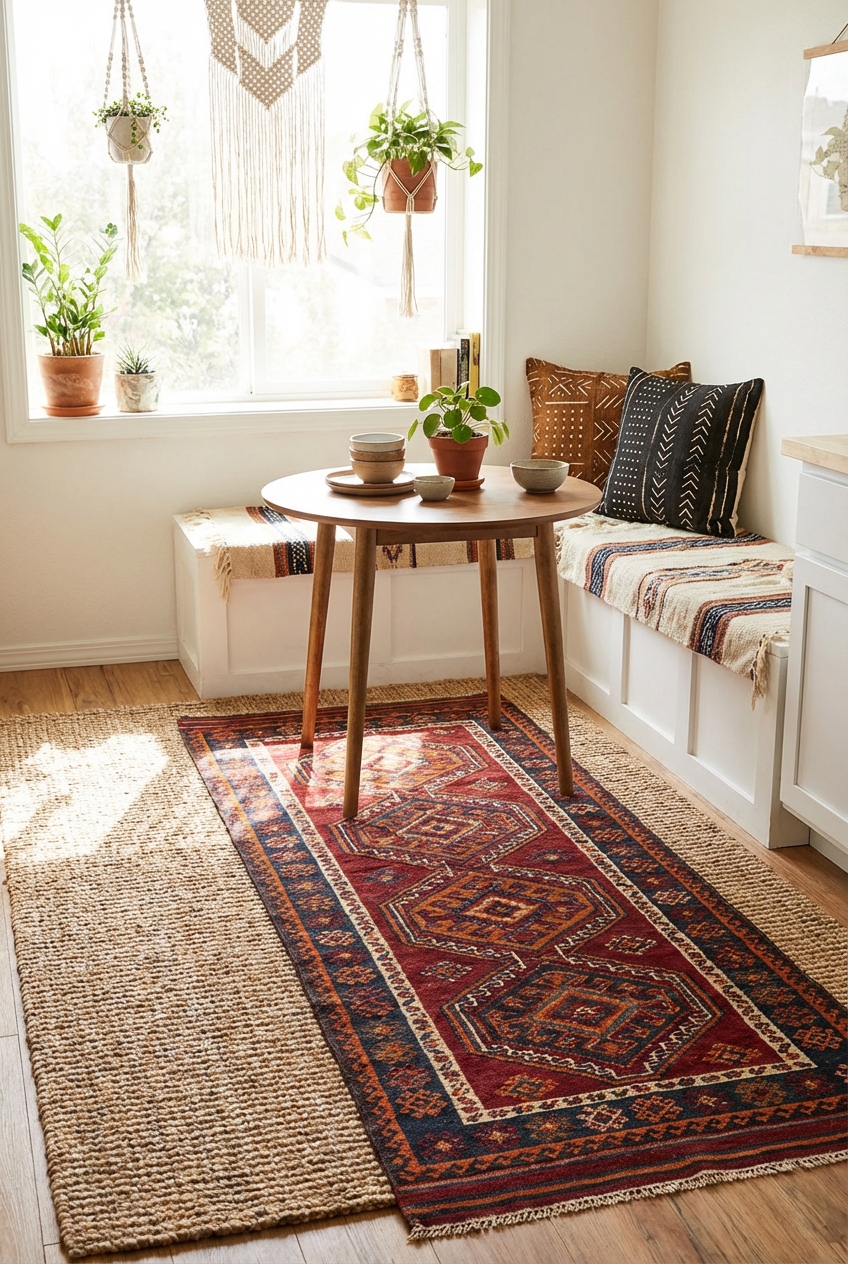 Best Rugs & Runners for an Afrohemian Breakfast Nook: Jute, Kilim, and Layering