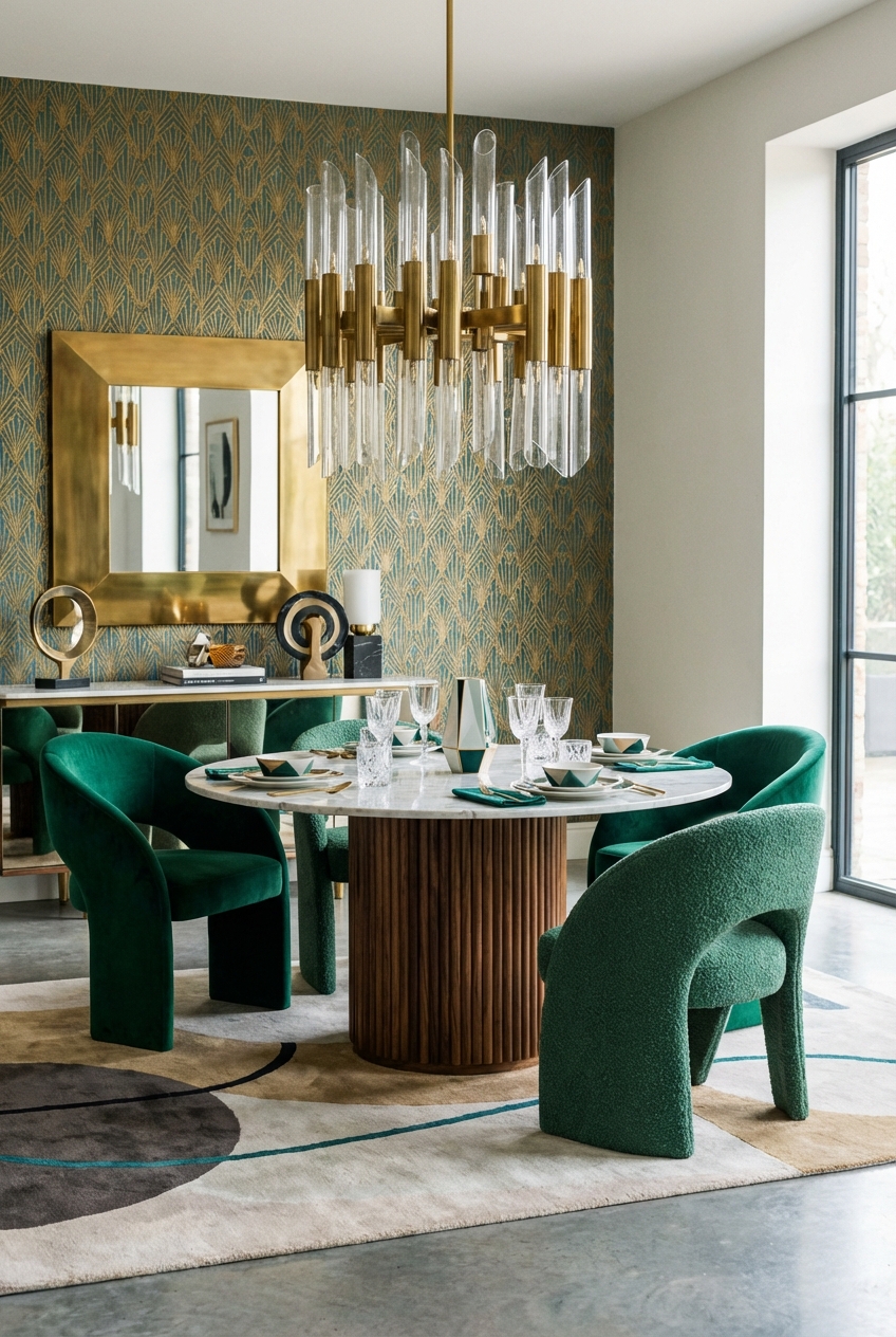 Neo Deco Dining Room Ideas: Sculptural Lighting + Luxe Materials
