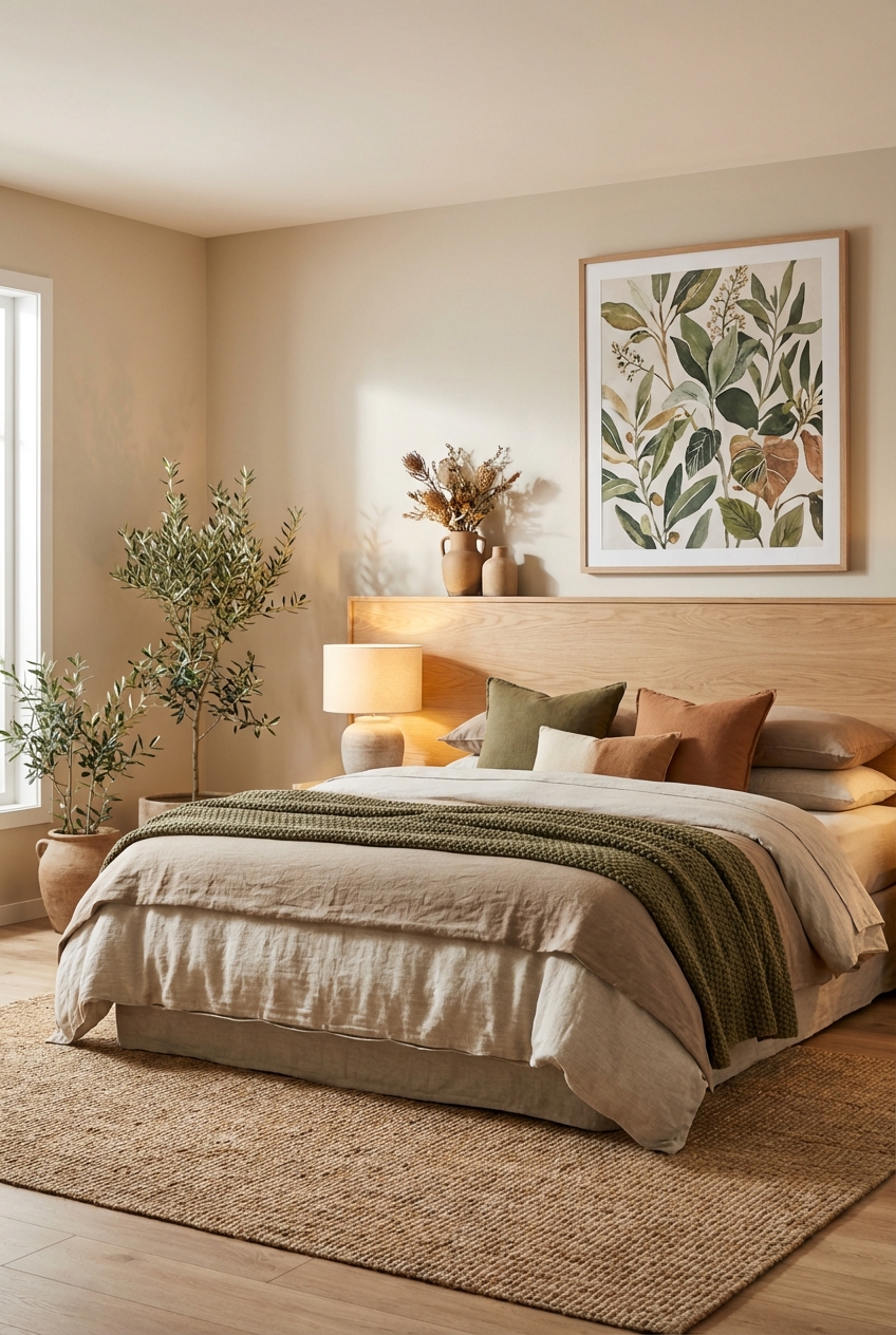 Khaki Coded Bedroom Color Palette: Warm neutrals + olive accents
