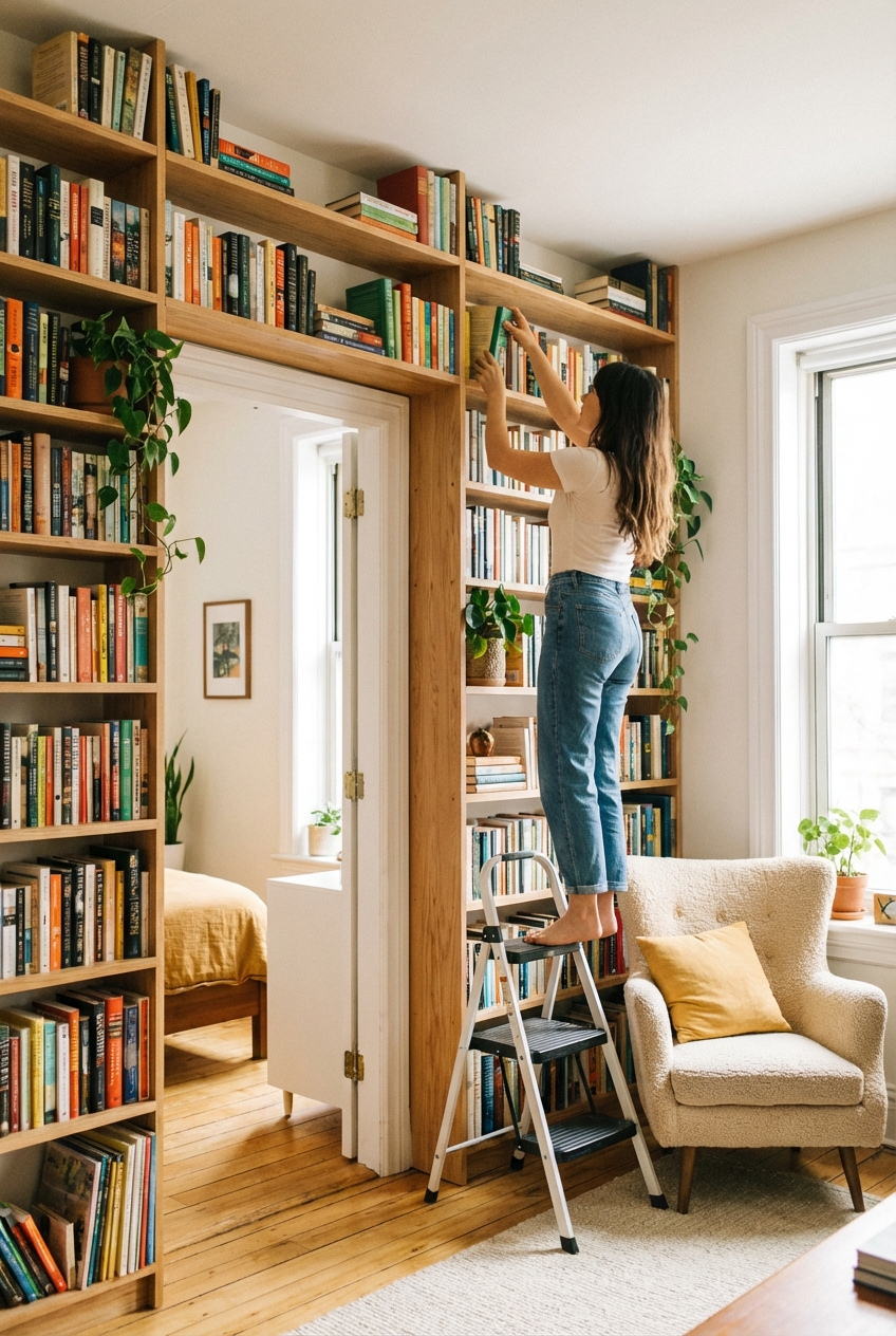 DIY “Library Wall” Shelving Trick for Small Rooms