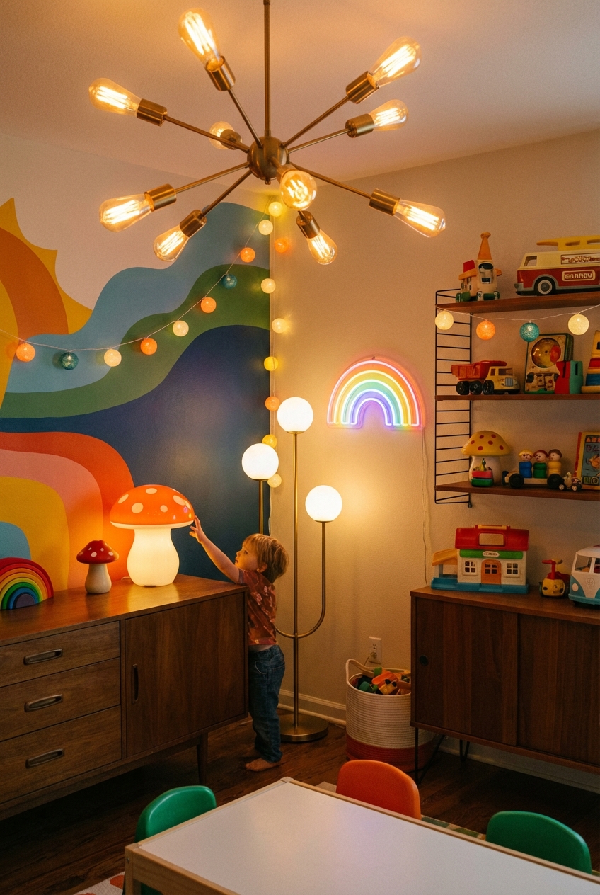 Throwback Kid Playroom Lighting: Warm Bulbs and Fun Fixtures