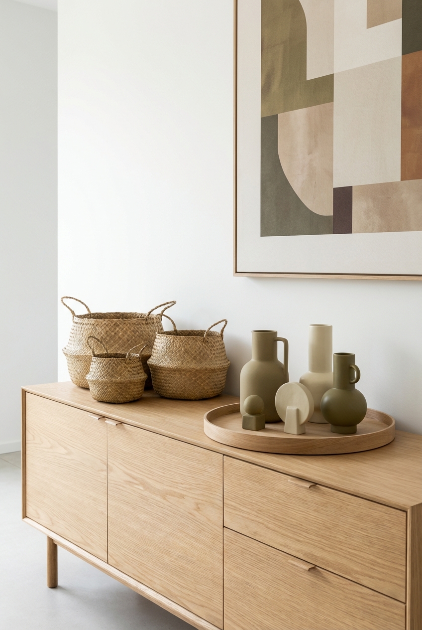 Khaki Coded Sideboard Styling: baskets, trays, and clean lines