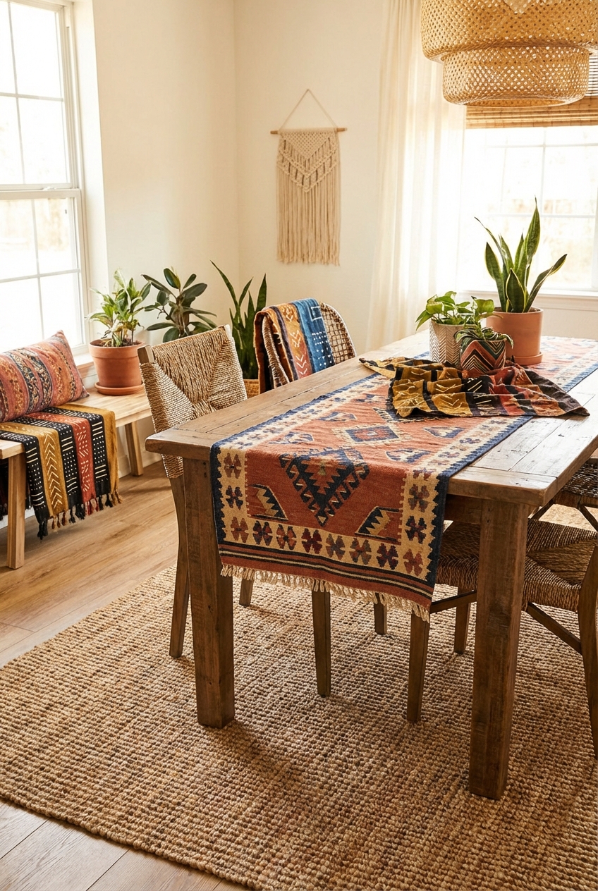 Best Rugs & Runners for an Afrohemian Dining Room: Jute, Kilim, and Layering