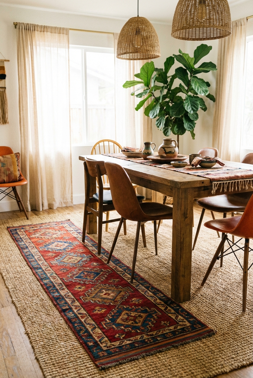 Best Rugs & Runners for an Afrohemian Dining Room: Jute, Kilim, and Layering