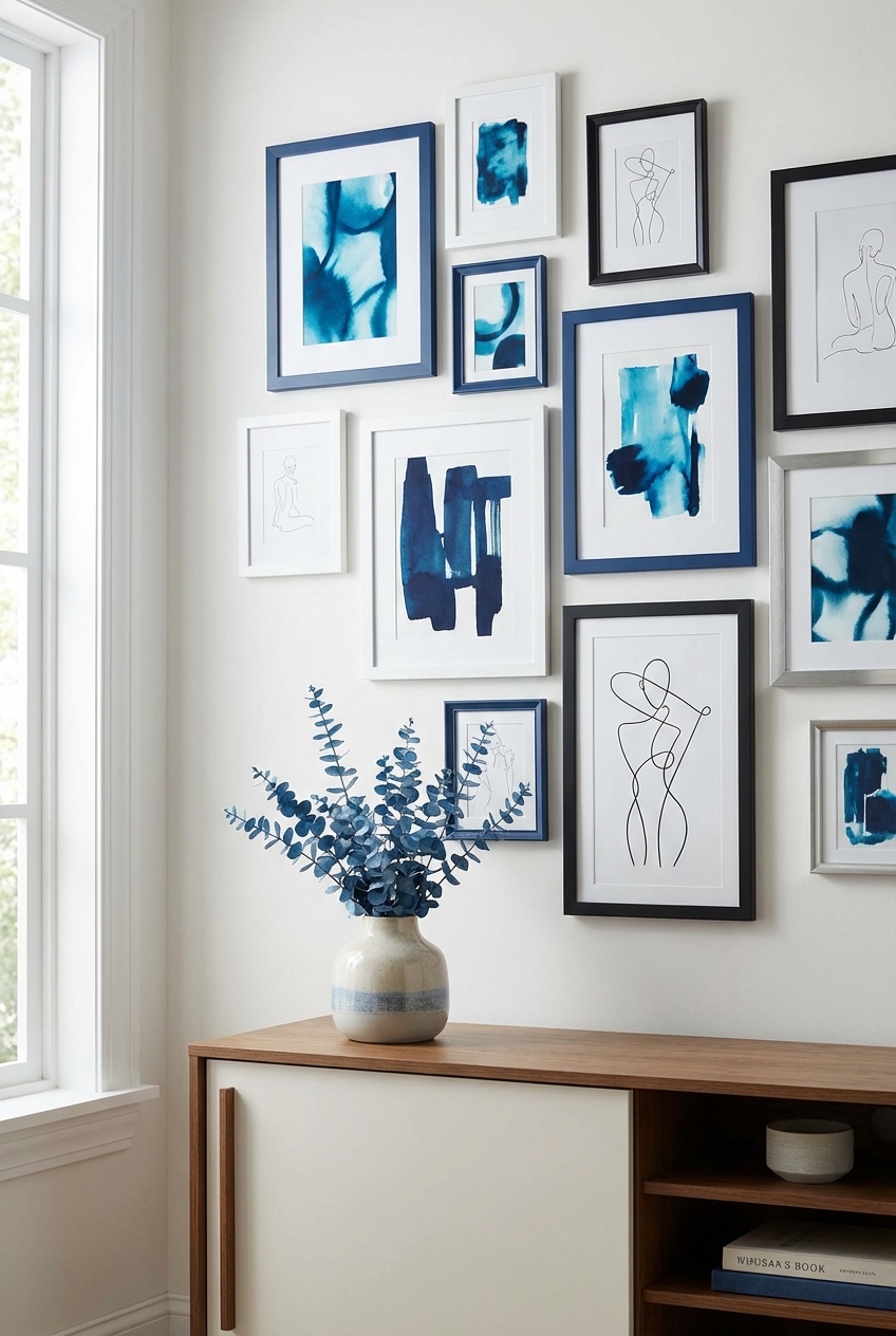 Cool Blue Picture Frame Ideas: Matte White, Black, and Silver Pairings