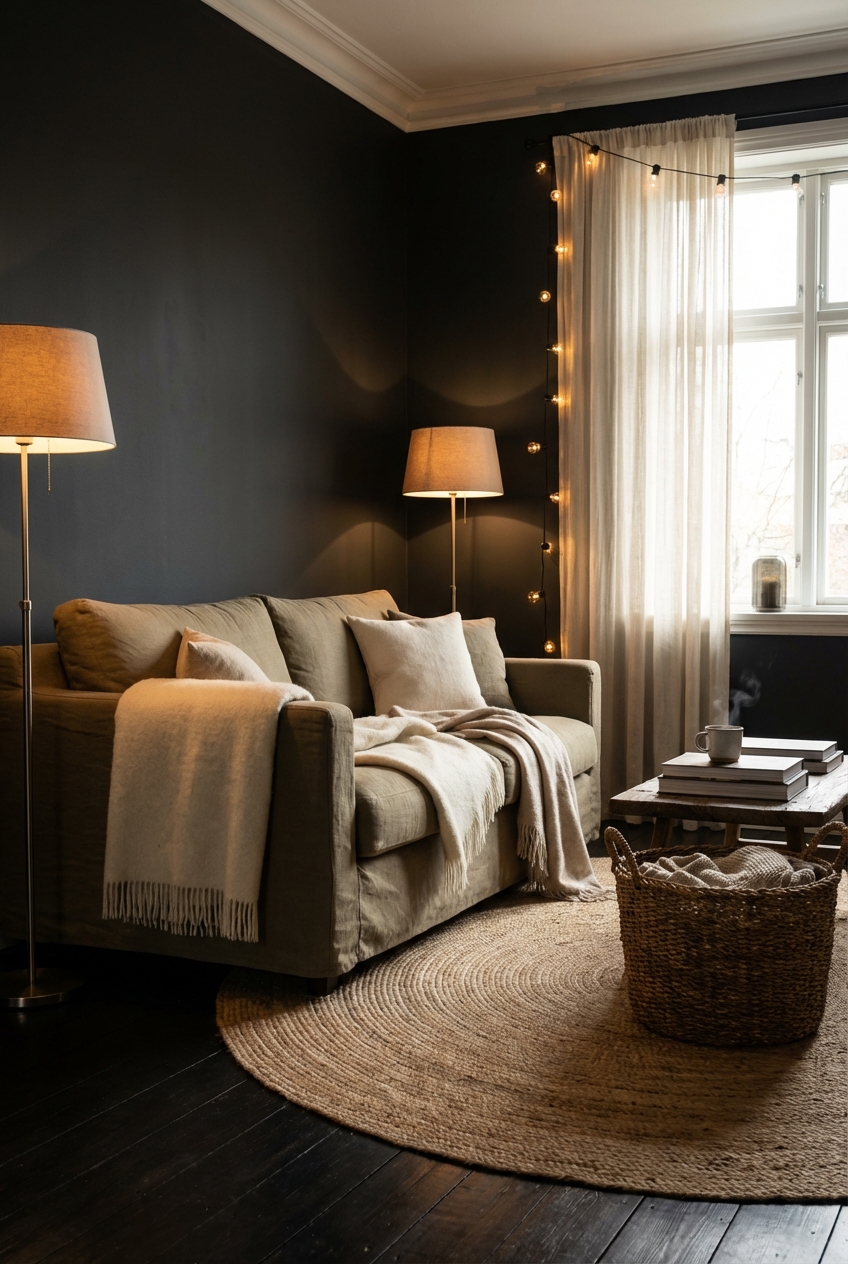 Khaki Coded Decor for Dark Rooms: warm light and lighter textiles