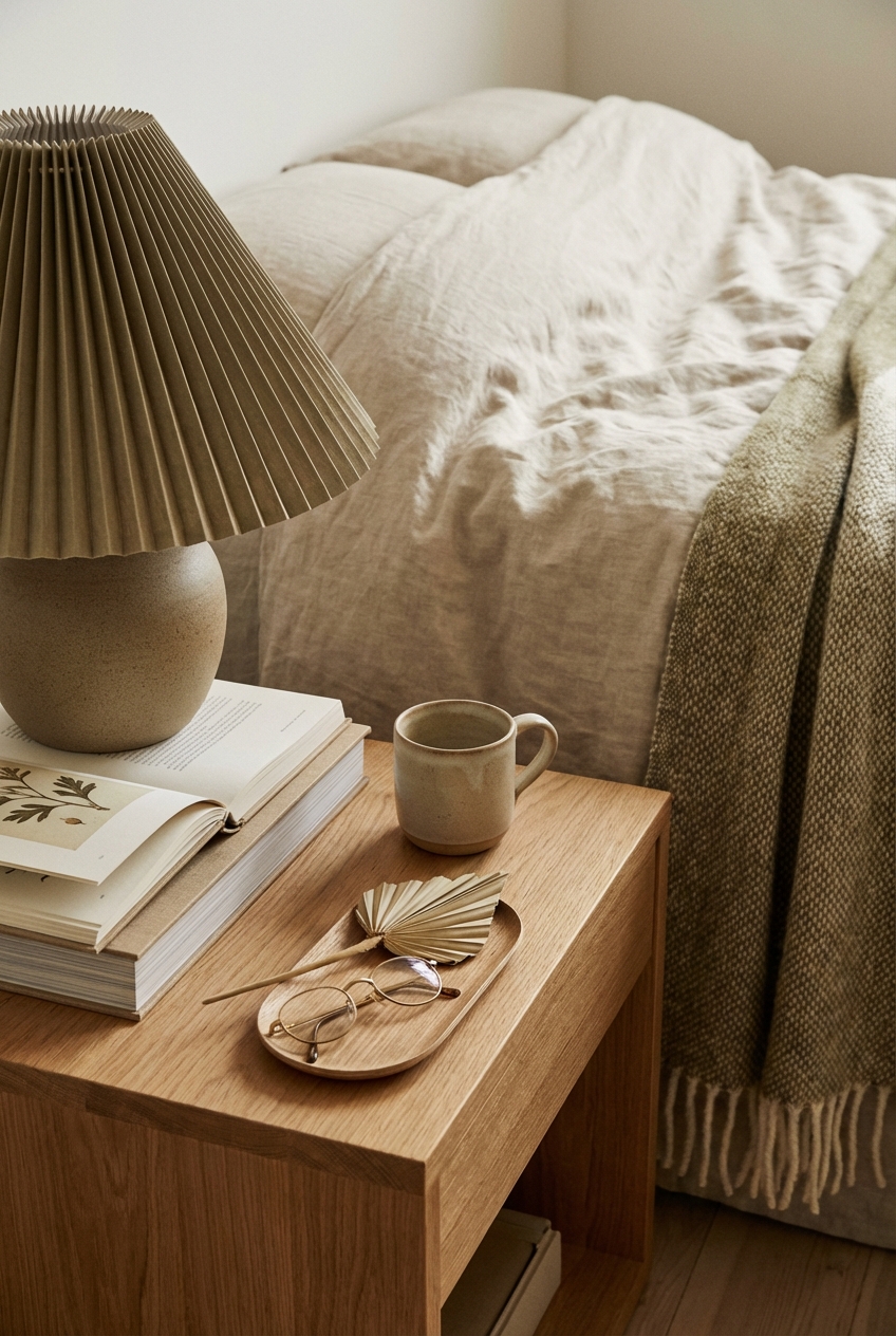 Khaki Coded Nightstand Styling: practical, minimal, and warm
