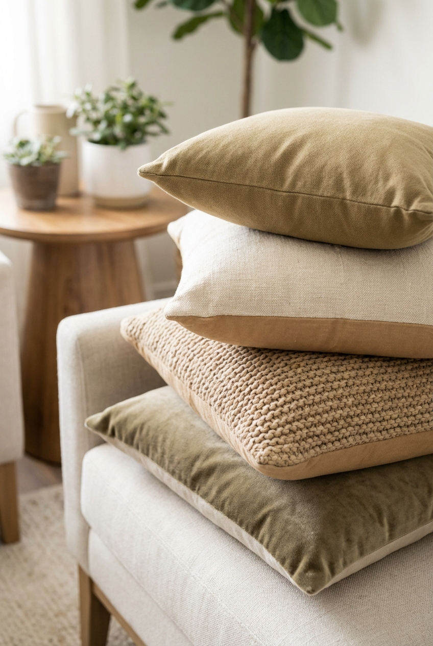Khaki Coded Throw Pillow Combos: warm neutrals + subtle contrast