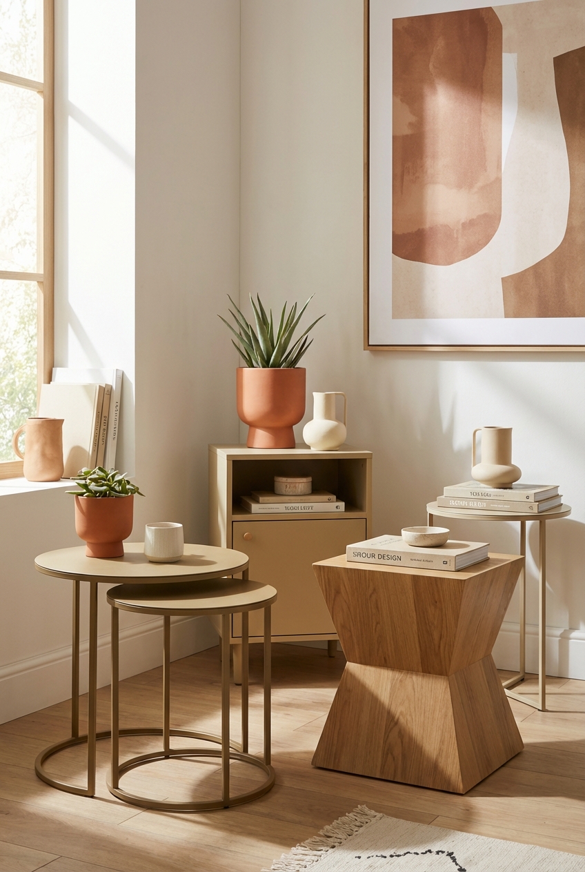 Khaki Coded Side Table Ideas: practical shapes with warm finishes