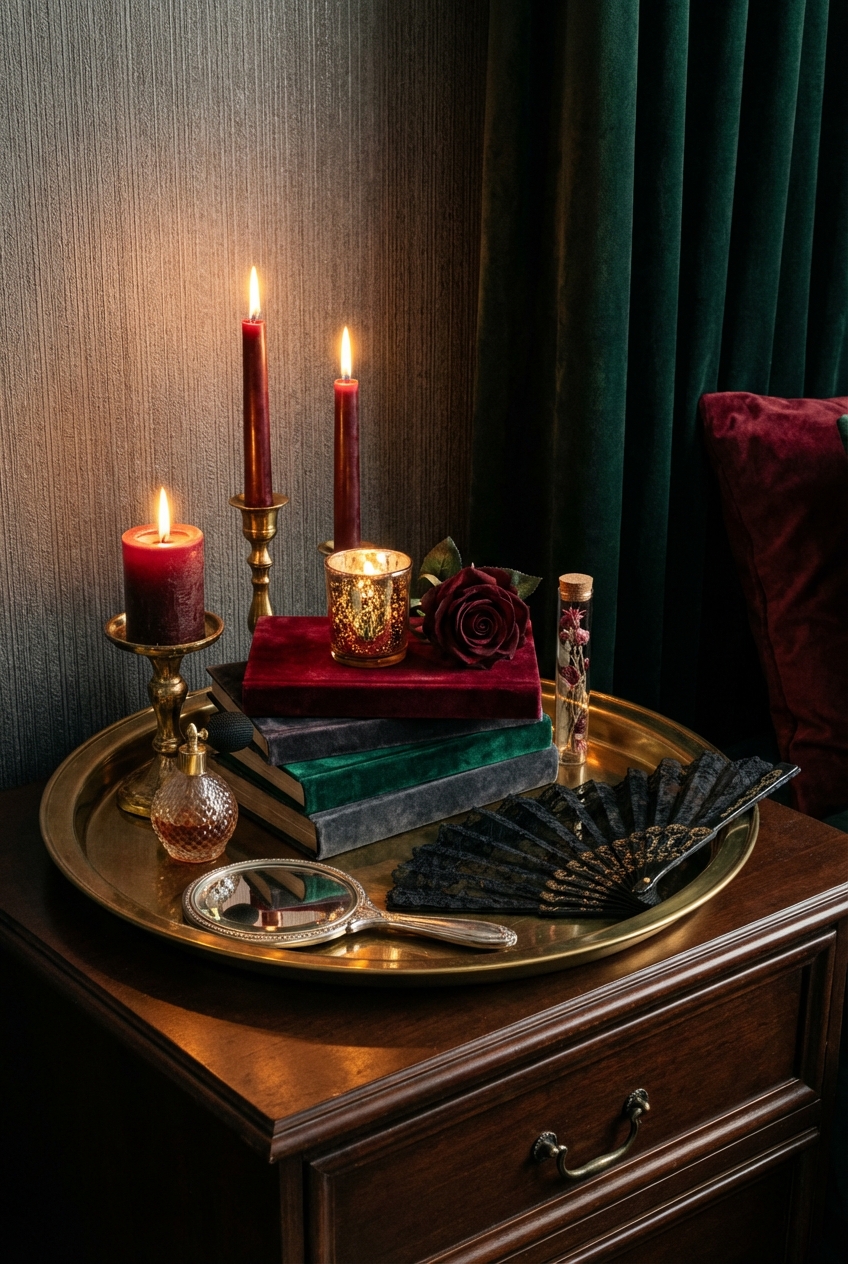 Vamp Romantic Nightstand Styling: Candlelight, trays, and moody details