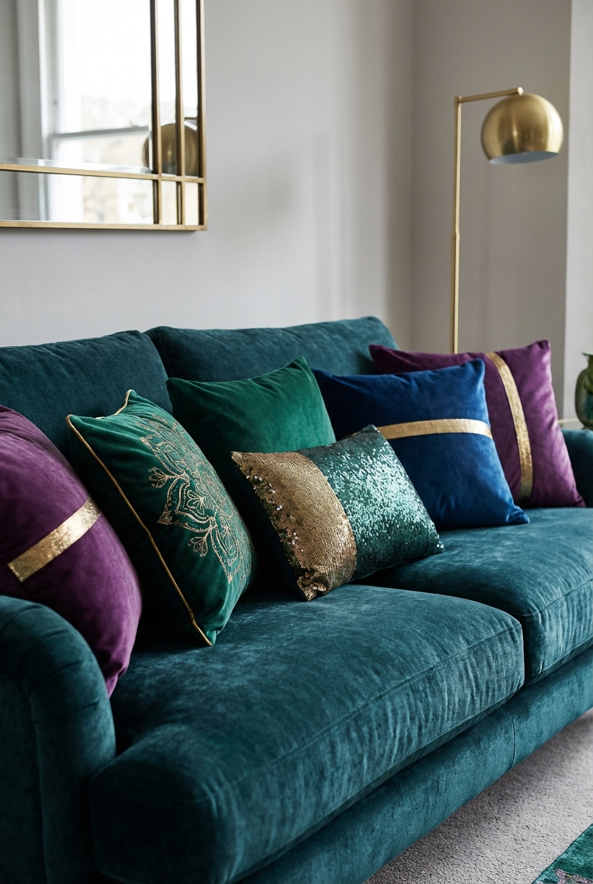 Glamoratti Throw Pillow Combos: jewel tones + metallic accents