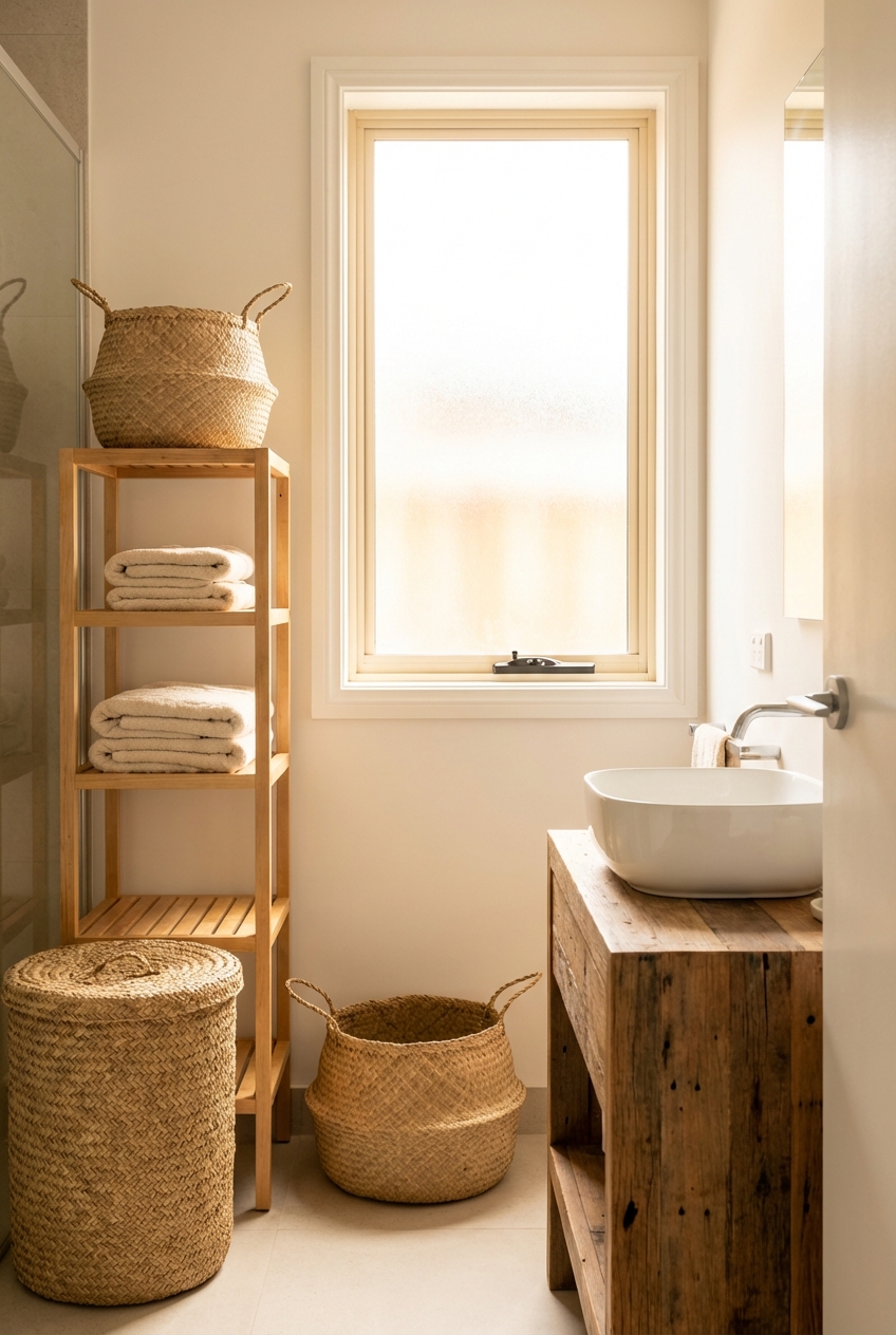 Darecations Bathroom Decor: baskets, wood accents, and clean styling