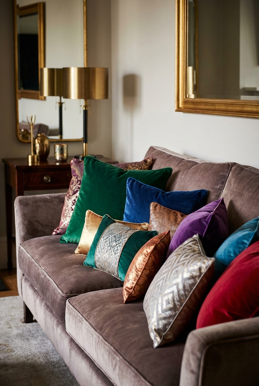 Glamoratti Throw Pillow Combos: jewel tones + metallic accents